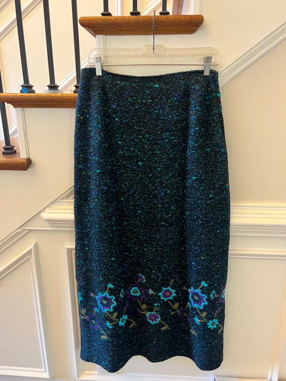 Finity Naturals Black and Teal Floral Border Wool-Blend midi skirt